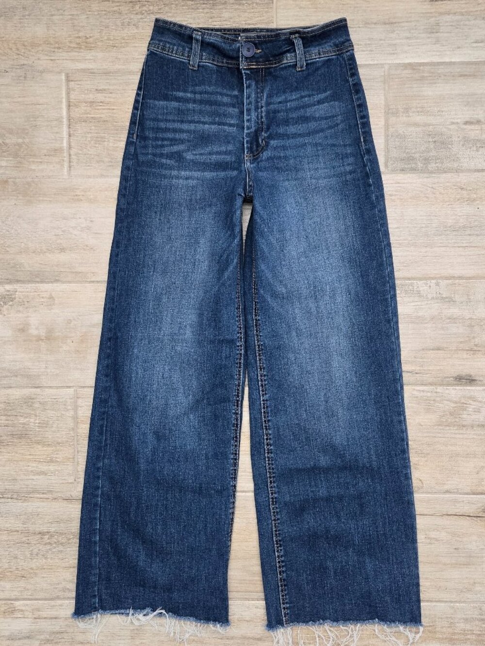 Oat New York High Rise Wide Leg Jeans Womens Dark Blue Marine Raw Hem 6 28